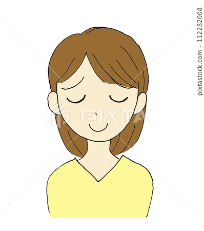 Illustration of a woman smiling with the corners of her mouth raised with a resigned expression 112282008