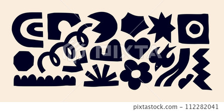 Abstract Kid Organic Shapes Set. Black Vector Naive Art Geometric Forms. Abstract Collage Figures 112282041