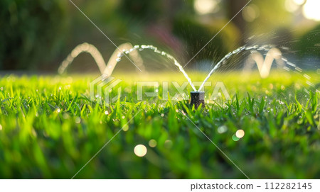 綠草和灑水器澆水 112282145