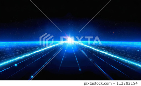 An image of light traveling through space at the speed of light. A streak of light converging towards the horizon. 112282154
