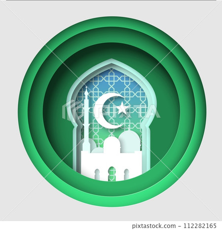 Muslim religious symbol with mosque and crescent papercut design Muslim religious symbol with mosque and crescent papercut design 112282165