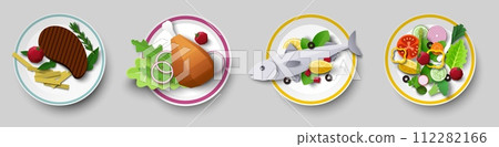 Restaurant dish with meat, fish, chicken and salad set Restaurant dish with meat, fish, chicken and salad set 112282166