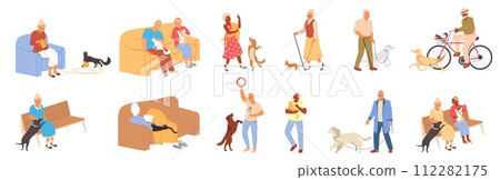 Elderly people enjoying games with pets spending time together set Elderly people enjoying games with pets spending time together set 112282175