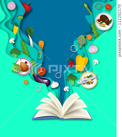 Opened cooking book with fresh sliced ingredients floating paper cut art 112282179