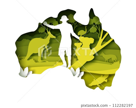 Australia travel papercut poster with wild nature and animals 112282197