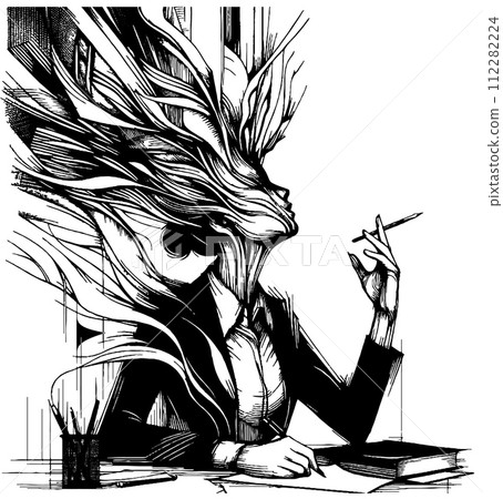 AI-generated content. Female office worker under job emotional burning 112282224