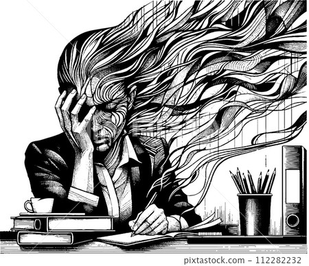 AI-generated content. Young businesswoman character tired of excessive work 112282232