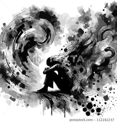 AI-generated content. Woman suffering from depression sitting on floor AI-generated content. Woman suffering from depression sitting on floor 112282237