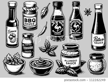 AI-generated content. Sauce bottle and dip bowl utensils set vector illustration 112282249