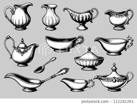 AI-generated content. Set of gravy boats of different shapes and forms vector illustration 112282261