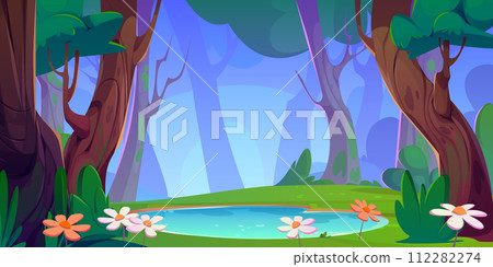 Cartoon vector summer forest landscape with lake. 112282274