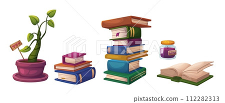 Book tall and small stack and single open 112282313