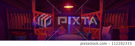 Horse stable with animals in stall at night. 112282333
