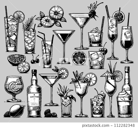 AI-generated content. Alcohol cocktail in glasses, bottle with drinks and fruits decoration set 112282348