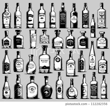AI-generated content. Alcohol bottles of different shapes and forms isolated set 112282356