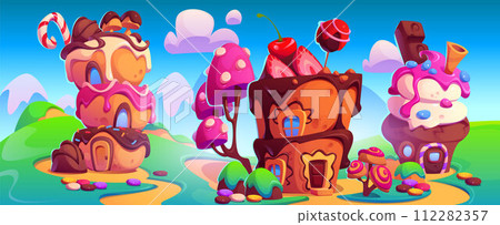 Candy land with fantasy dessert houses 112282357