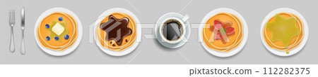 Pancakes stack served on ceramic plate and coffee cup set 112282375