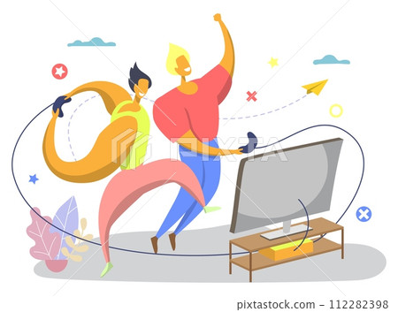 Happy overjoyed friends gamers playing video game on TV 112282398
