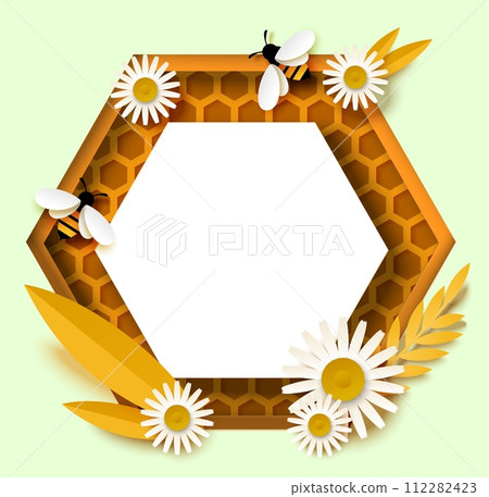 Honey background with hexagon shape honeycomb, bees and daisy flowers 112282423