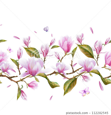 Watercolor floral seamless border with green leaves and twigs with magnolia flowers.Hand drawn watercolor illustration Watercolor floral seamless border with green leaves and twigs with magnolia flowers.Hand drawn watercolor illustration 112282545