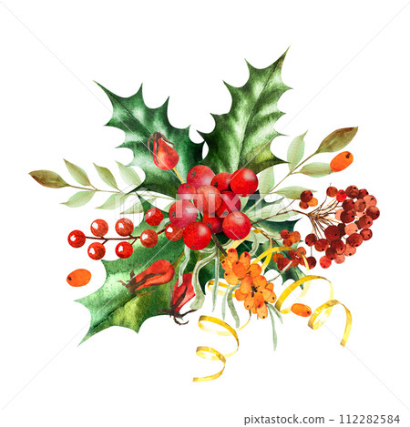 Watercolor illustration of a New Year's composition of holly, rowan,rosehip.Hand drawn 112282584