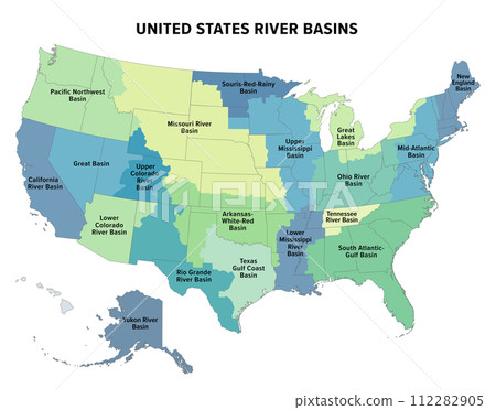 United States major river basins, political map. Nineteen major river basins, highlighted in different colors. Map with the silhouette of the USA, also showing the borders of the individual states. United States major river basins, political map. Nineteen major river basins, highlighted in different colors. Map with the silhouette of the USA, also showing the borders of the individual states. 112282905