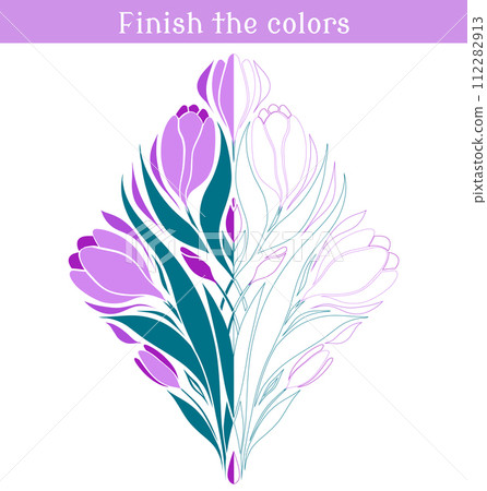 Finish the color flower picture. Educational game for children. Violet crocus flowers. Drawing practice. Spring game Finish the color flower picture. Educational game for children. Violet crocus flowers. Drawing practice. Spring game 112282913