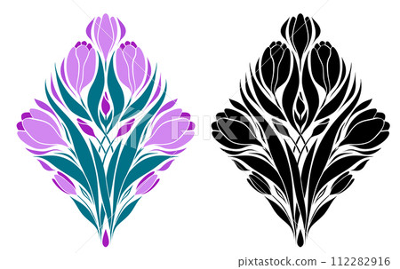 Set of vector geometric illustrations of crocuses. Collection of Art Nouveau Decorative cliparts of colorful and black silhouette spring flowers 112282916