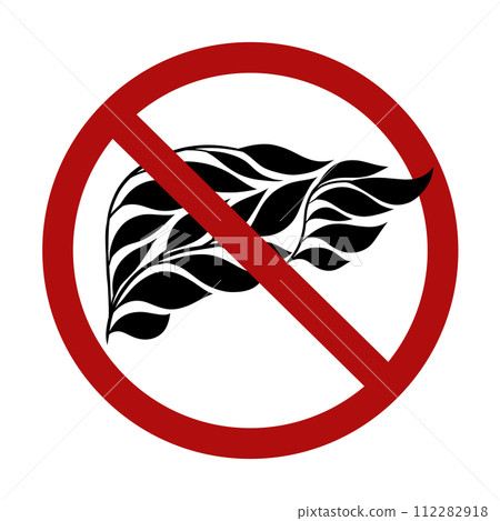 Vector forbidden sign with black silhouette human liver made of leaves isolated from background. Ban on transplantation of vegan organs 112282918