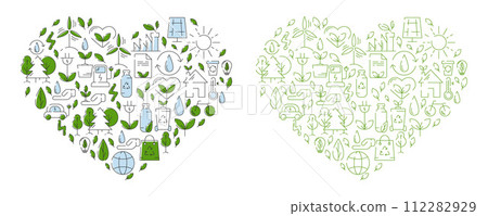 Green eco friendly heart filled with ecology icons and signs. Vector illustration, design element. Ecology concept, recycling sustainability, renewable energy, net zero emissions by 2050 112282929
