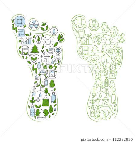 Green eco friendly footprint filled with ecology icons. Reduce carbon footprint, vector illustration. Ecology concept, recycling sustainability, renewable energy, net zero emissions by 2050 112282930