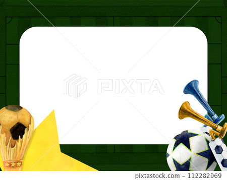 Soccer football frame cup horn watercolor drawing. Gold prize first star pitch pentagon ball tube. Sports gear train team. Match fan vuvuzella. Gridiron surface whistle competition player. Photoframe 112282969
