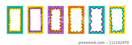 Wave rectangle frame. Doodle scalloped edge border with wavy pattern. Graphic design. Cute curved frame box. Geometric abstract background. Hand drawn vector illustration isolated on white background 112282970