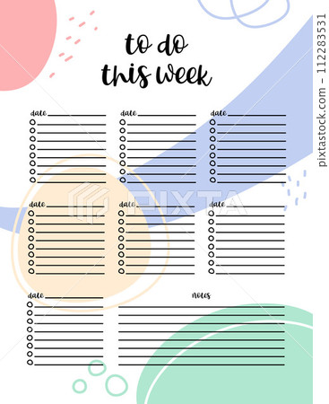 Weekly planner page template US Letter vector. To Do list week blank sheet. Personal planner with copy space for writing activities and notes. Cute abstract background with hand drawn elements Weekly planner page template US Letter vector. To Do list week blank sheet. Personal planner with copy space for writing activities and notes. Cute abstract background with hand drawn elements 112283531