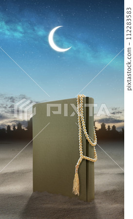 Quran and prayer beads on the sand Quran and prayer beads on the sand 112283583
