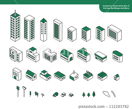 城市景觀的等距插圖集，包括各種建築物 112283782