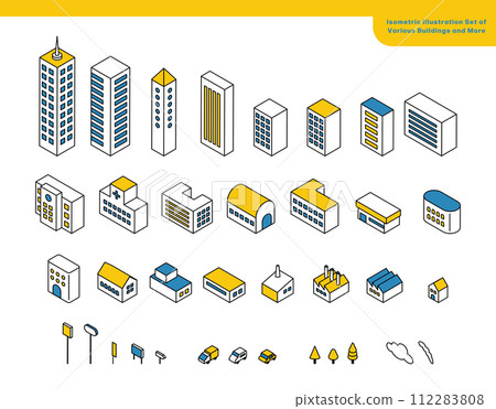 城市景觀的等距插圖集，包括各種建築物 112283808