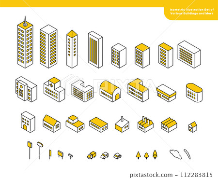 城市景觀的等距插圖集，包括各種建築物 112283815