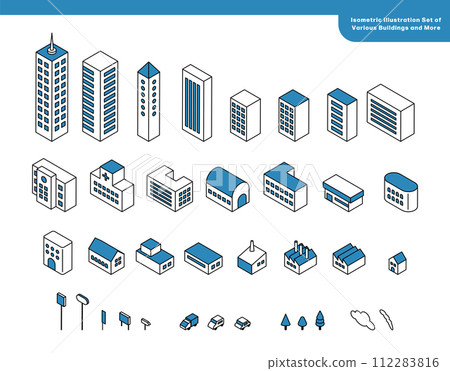 城市景觀的等距插圖集，包括各種建築物 112283816