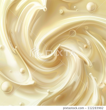 Abstract cream background with a milk wave swirl. Smooth texture flow, gradient splash pattern, and satin ripples. Creamy syrup silk spread with berry pieces. 112283982