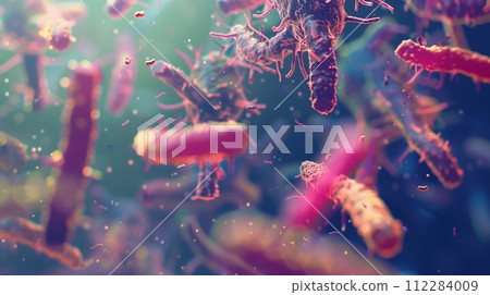 Bacteria and viruses observed under a microscope. Shallow depth of field. 112284009