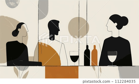 Business people illustrations in formalist aesthetic style, featuring an abstract still life with light black and gray minimal lines and a warm color palette. 112284035