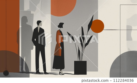 Business people illustration in formalist style, abstract still life, light black and gray, minimal lines, warm color palette. 112284036