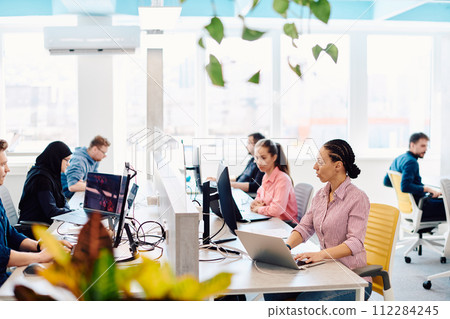 Collaborative process of multicultural skilled young business team during brainstorming meeting in office.Diverse group of young people dressed in formal wear cooperating on developing design project 112284245