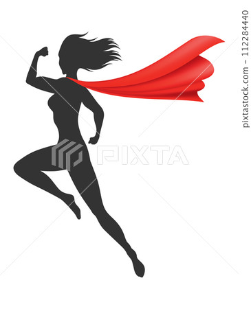 Woman superhero silhouette with scarlet fabric silk cloak. Mantle costume or cover cartoon vector illustration Woman superhero silhouette with scarlet fabric silk cloak. Mantle costume or cover cartoon vector illustration 112284440