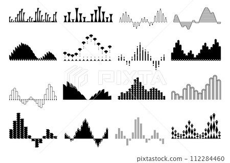 Black sound waves set, audio digital equalizer technology. Voice line waveform, volume level symbol. Musical pulse vector Illustrations on white background Black sound waves set, audio digital equalizer technology. Voice line waveform, volume level symbol. Musical pulse vector Illustrations on white background 112284460