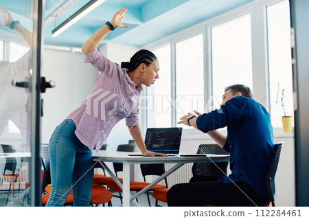 A furious business director of a startup office berating her employee for business mistakes and errors A furious business director of a startup office berating her employee for business mistakes and errors 112284461