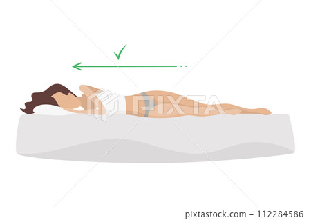 Correct sleeping body posture. Healthy sleeping position spine on orthopedic mattress and pillow. Caring for health of back, neck. Vector illustration 112284586