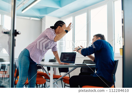 A furious business director of a startup office berating her employee for business mistakes and errors A furious business director of a startup office berating her employee for business mistakes and errors 112284610