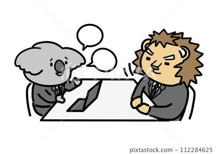 下屬微笑解釋，老闆傾聽，動物角色 112284625
